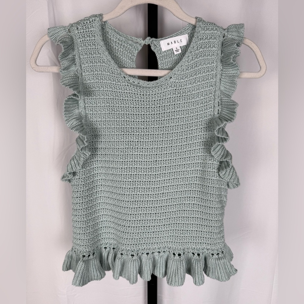 Mable Crochet Knit Sleeveless Cropped Blouse in Mint
